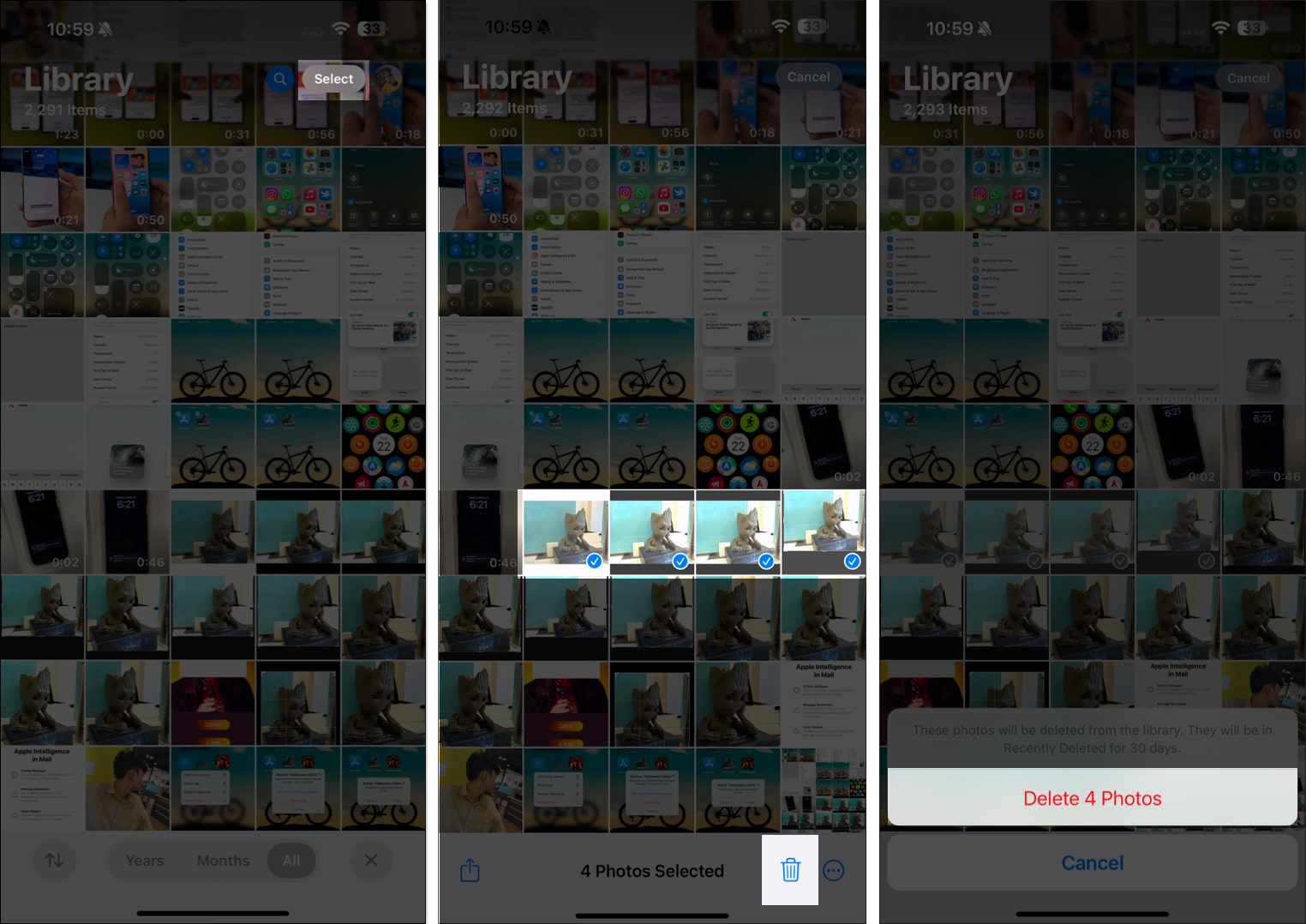Deleting photos in the iPhone Photos app.