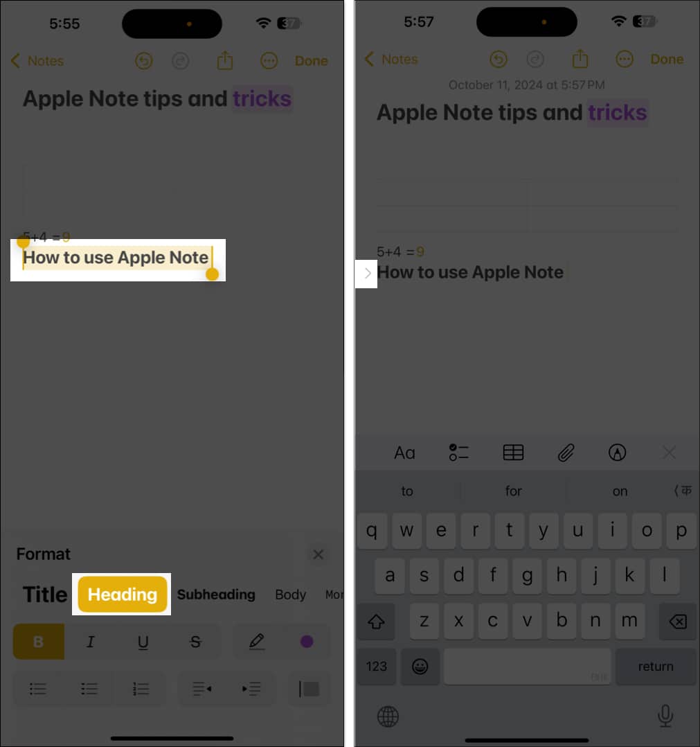 Creating a heading in a note in the Notes app on an iPhone.