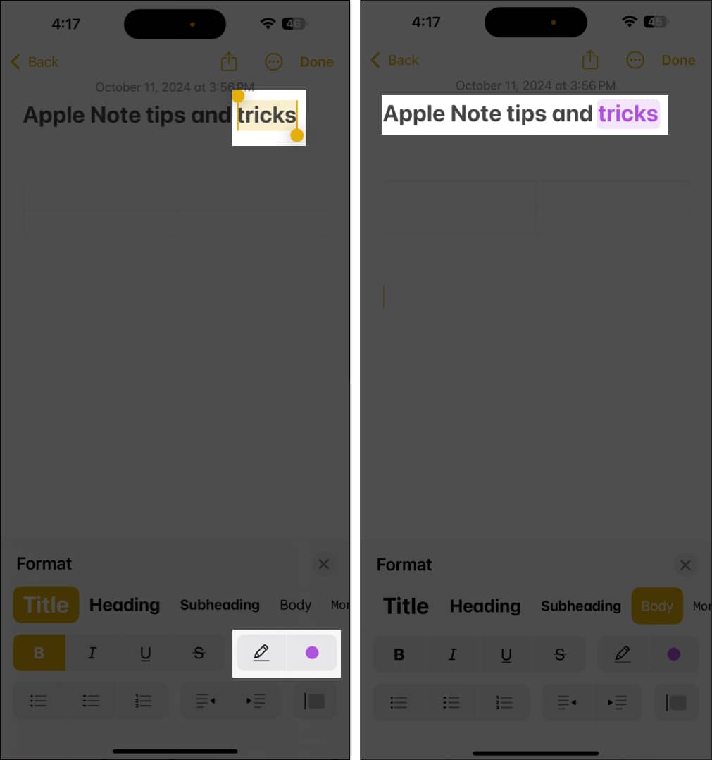 Selecting and highlighting text in the iOS Notes app.