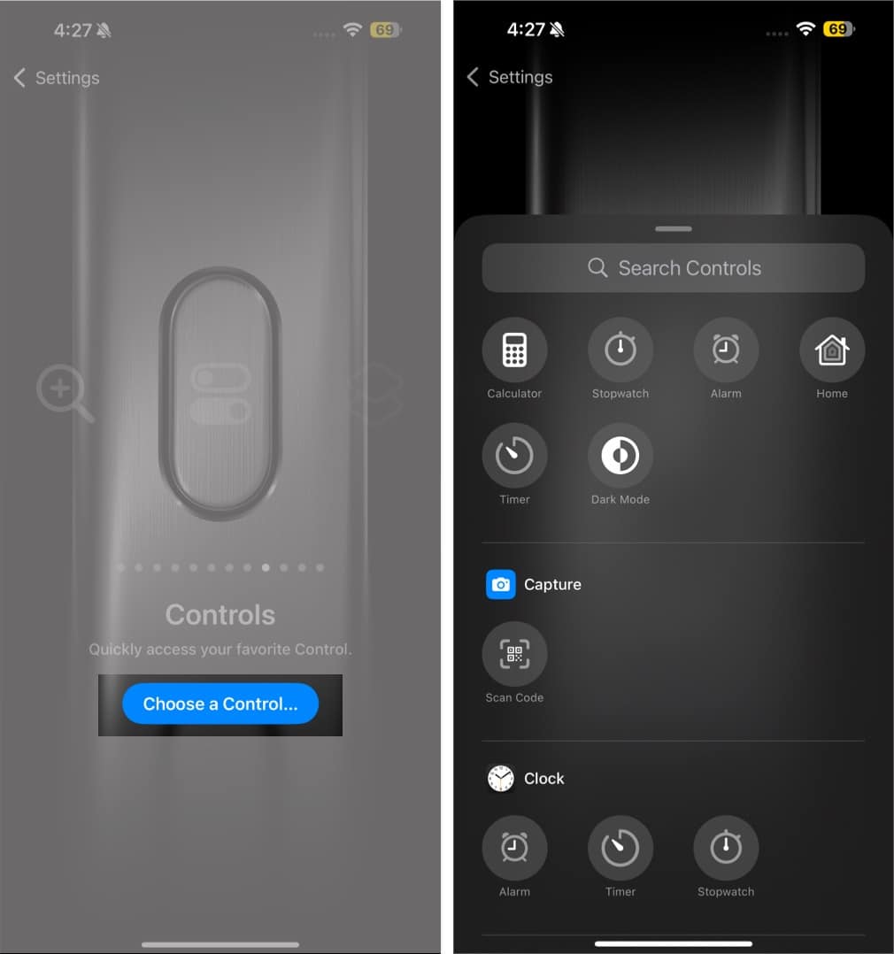 Choosing a control to trigger using the iPhone Action Button.