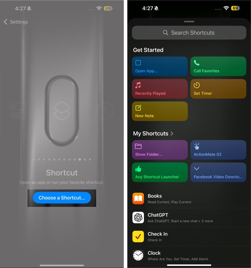 Assigning a shortcut to the iPhone Action Button in Settings.