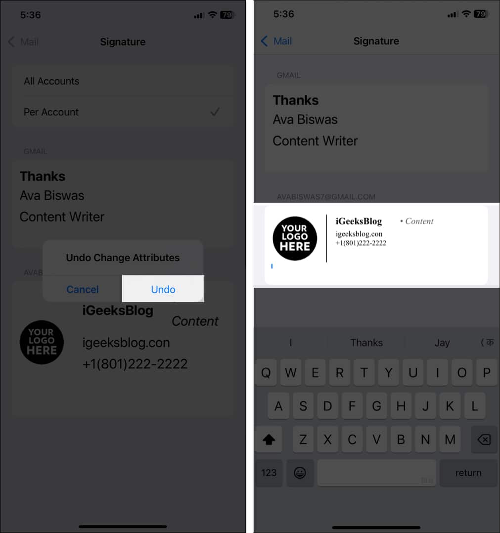 Undo formatting changes to the custom signature on an iPhone.