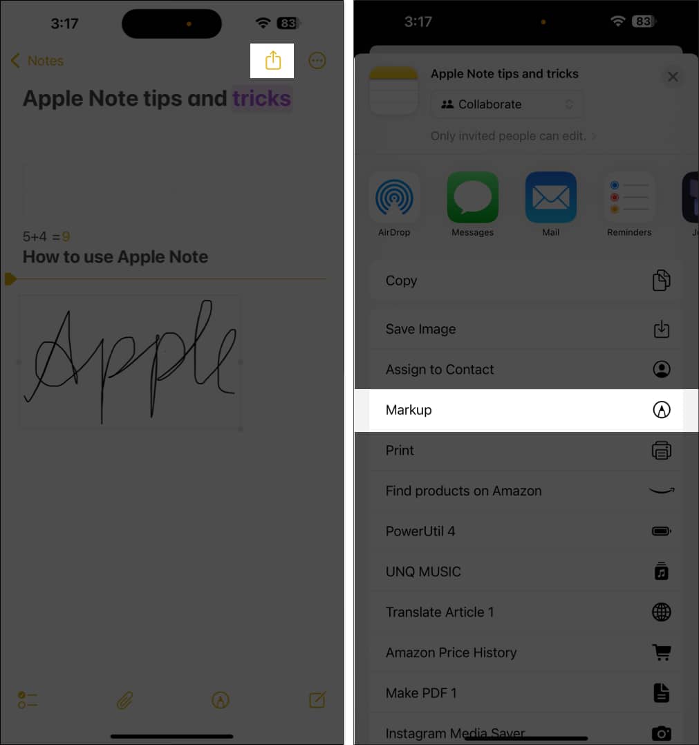 Accessing the Markup option on a note in Apple Notes.