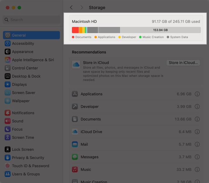 Breakdown of storage space on a Mac.