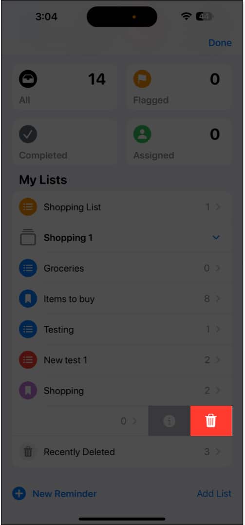 Deleting a reminders list in Reminders app.