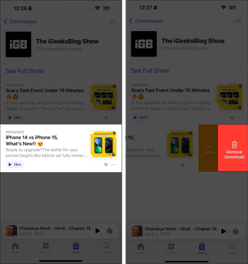 Deleting a podcast episode in Apple Podcasts.