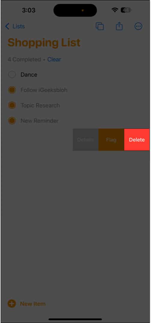 Deleting a reminder in the Reminders app.