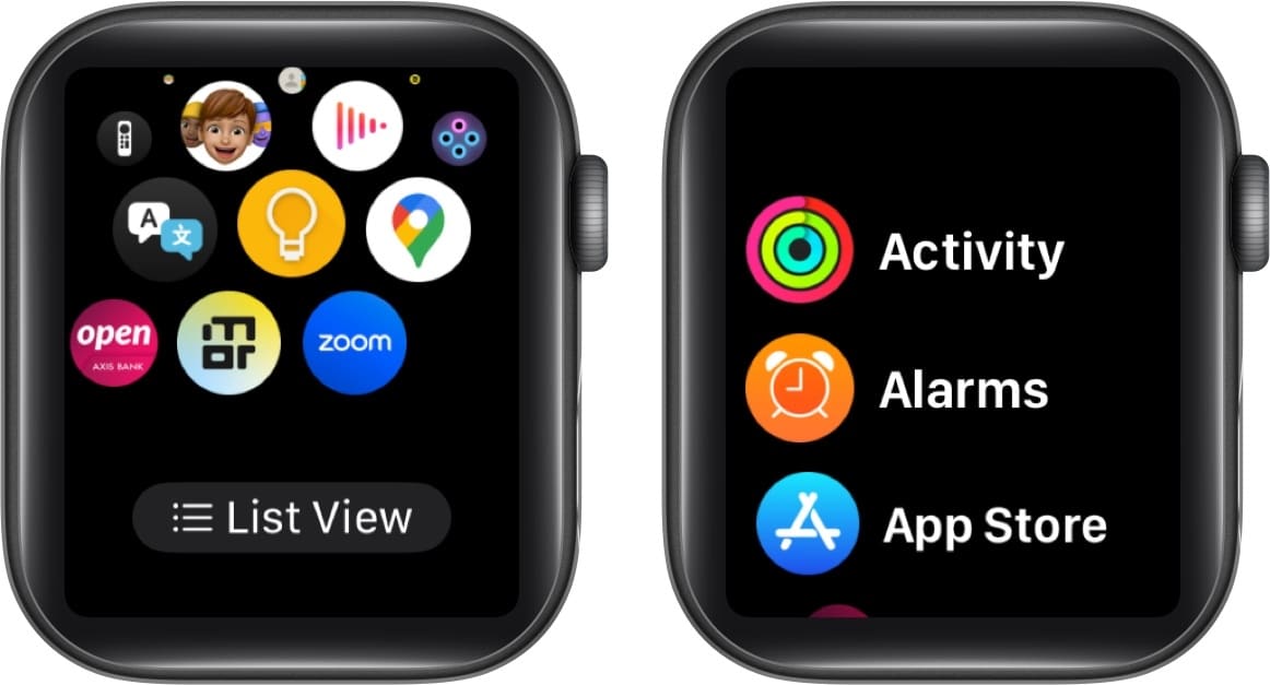 Switching from Grid View to List View on an Apple Watch.