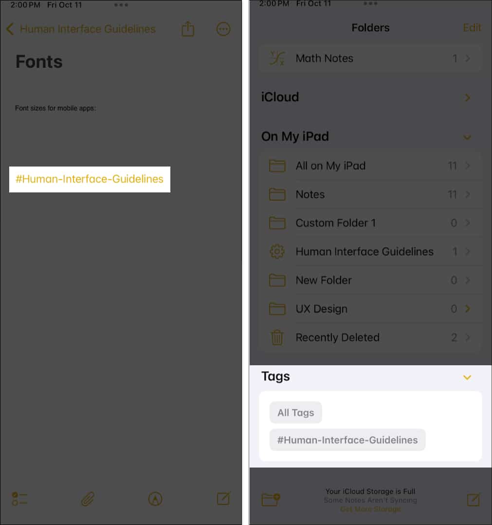 Adding a tag to a note and checking all linked notes in the Apple Notes app.