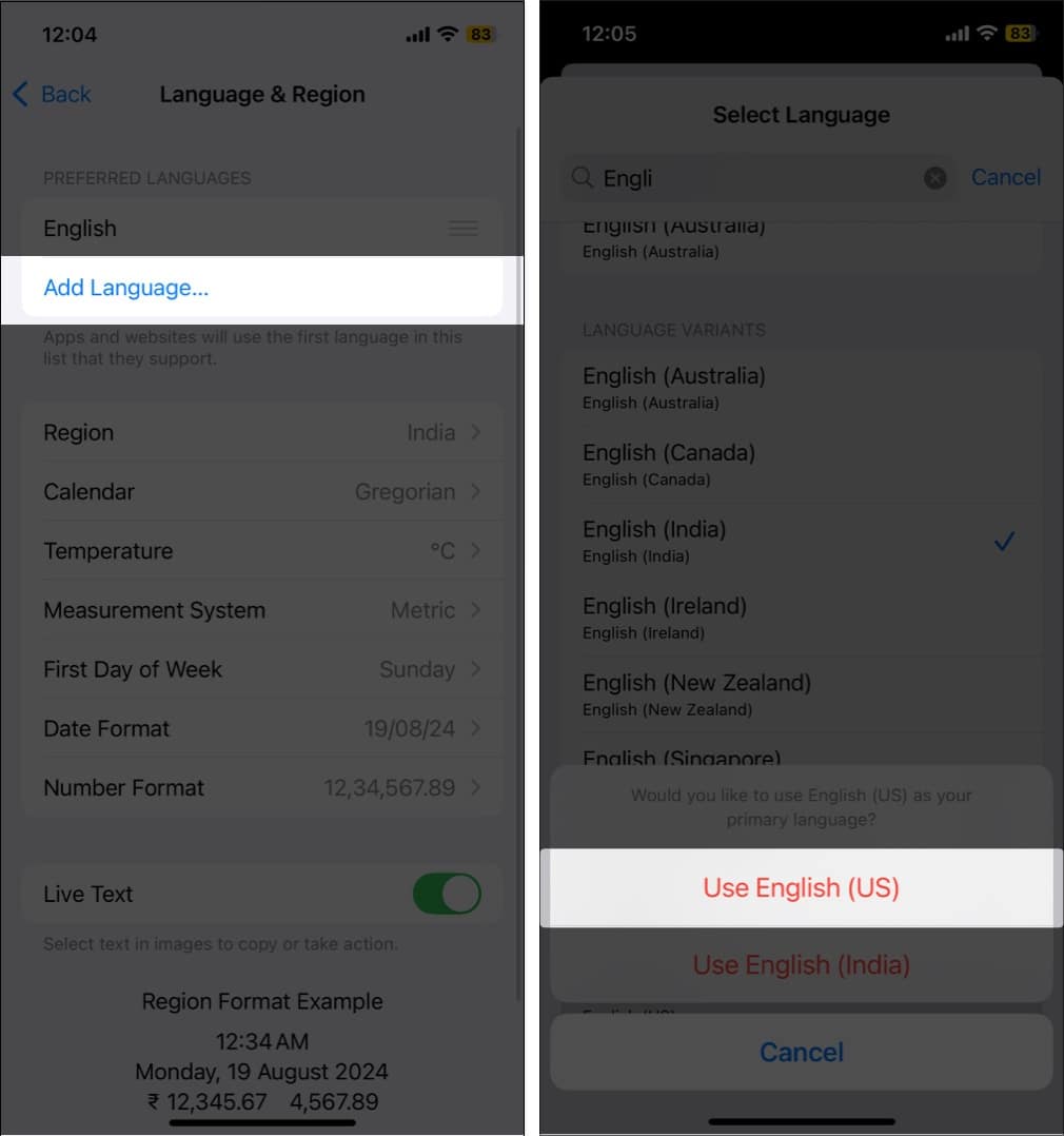 Changing iPhone language to English (US).
