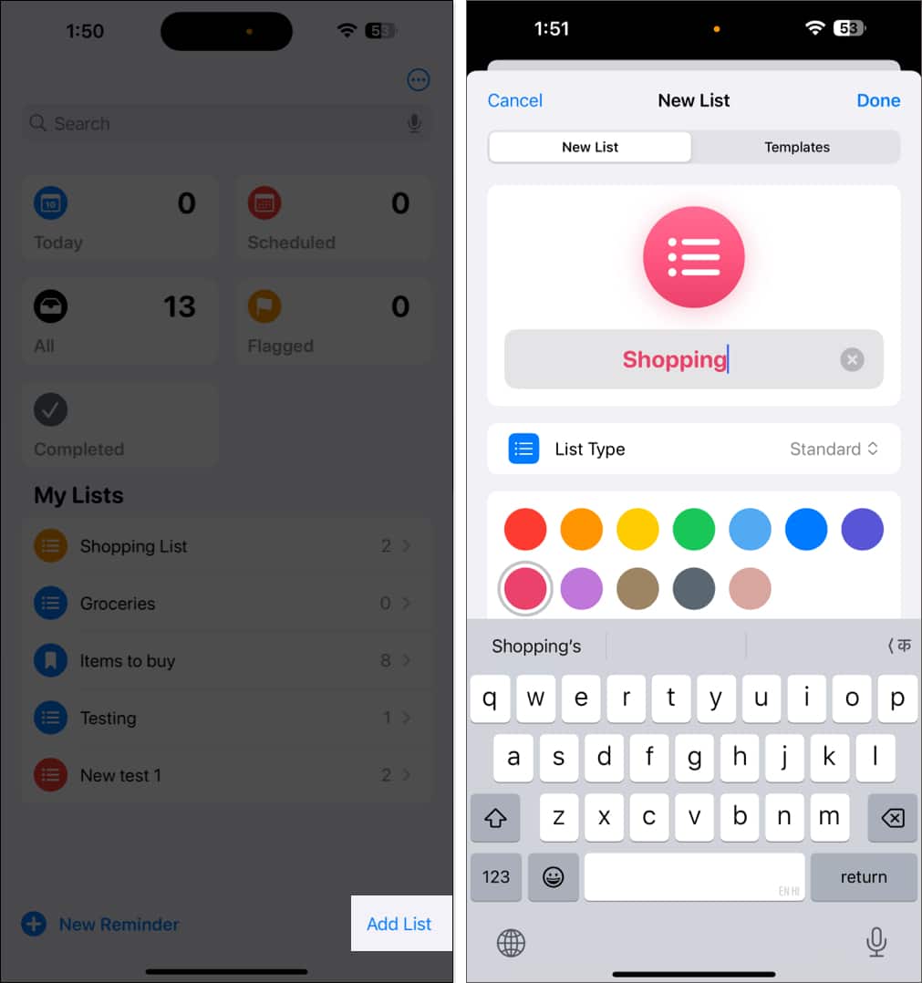 Creating a list in the iOS Reminders app.