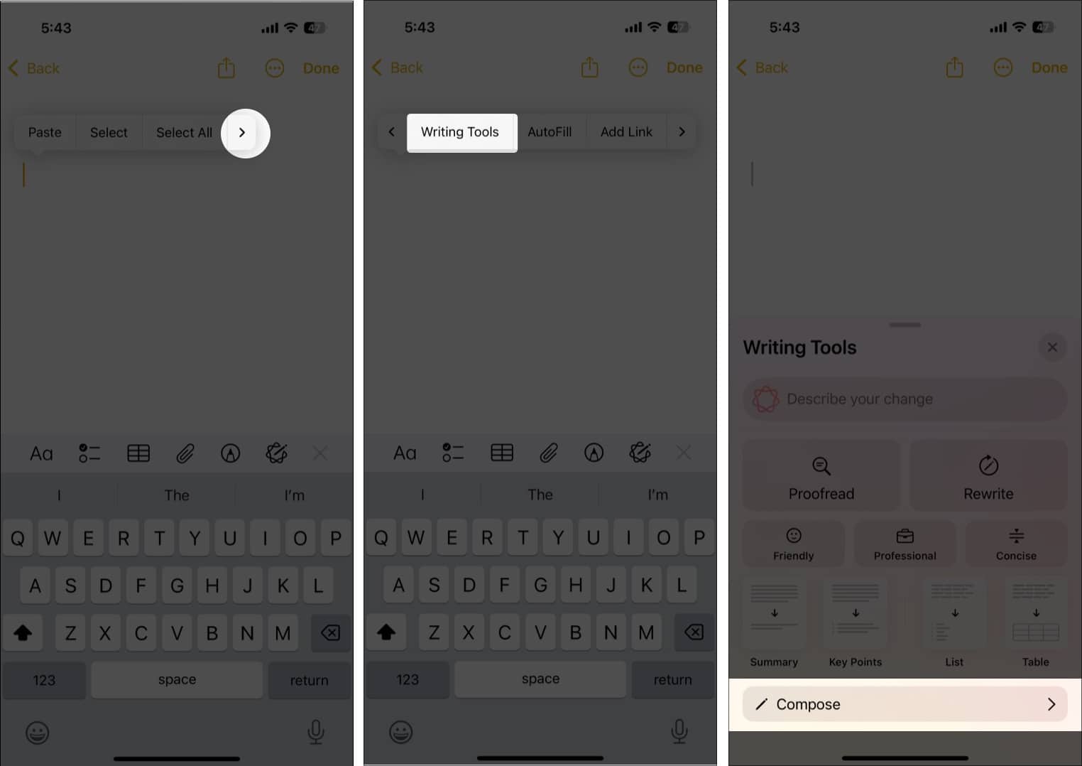 Tap Compose in Writing Tools option on iPhone.