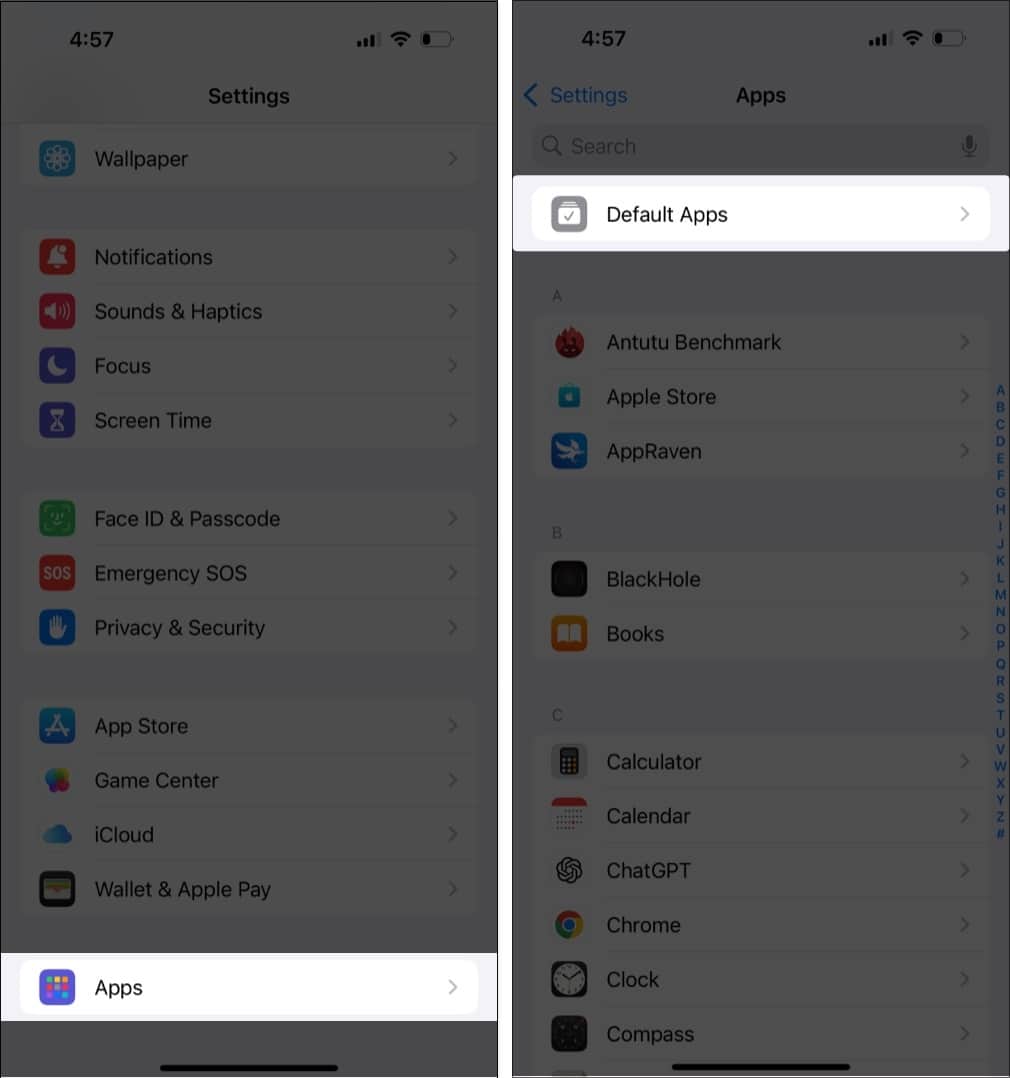 Accessing the new Default Apps section in the Settings app on an iPhone.