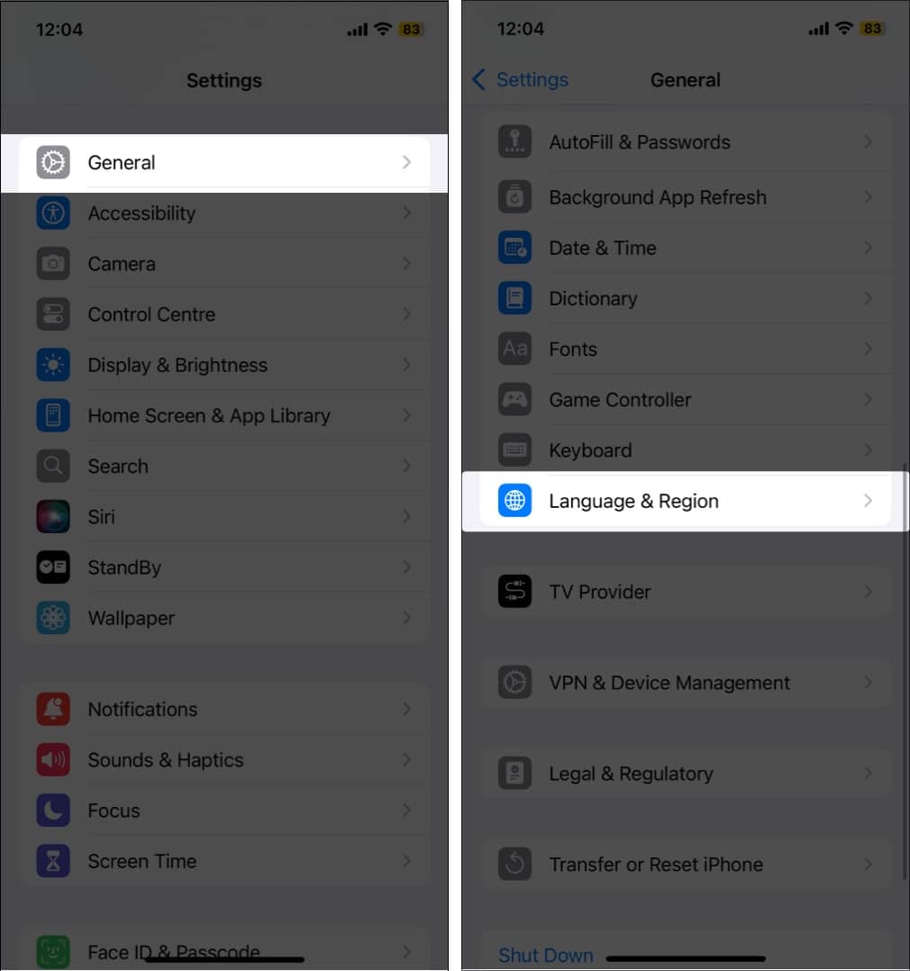Accessing Language & Region settings on an iPhone.