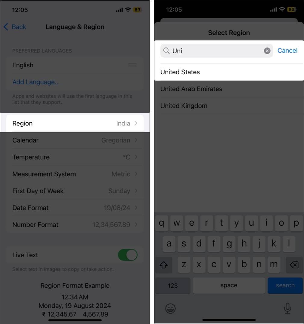 Changing iPhone region to United States.