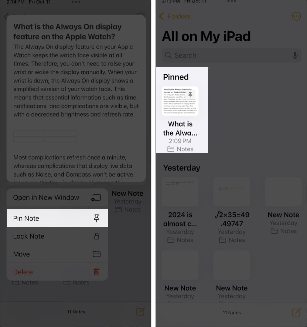 Pinning a note in the iOS Notes app on an iPhone.