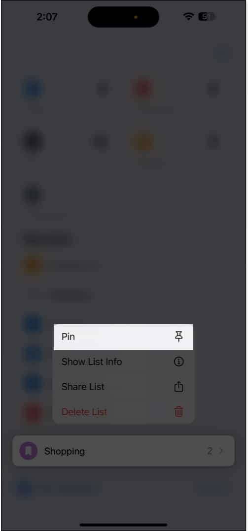 Pinning a list in Reminders.