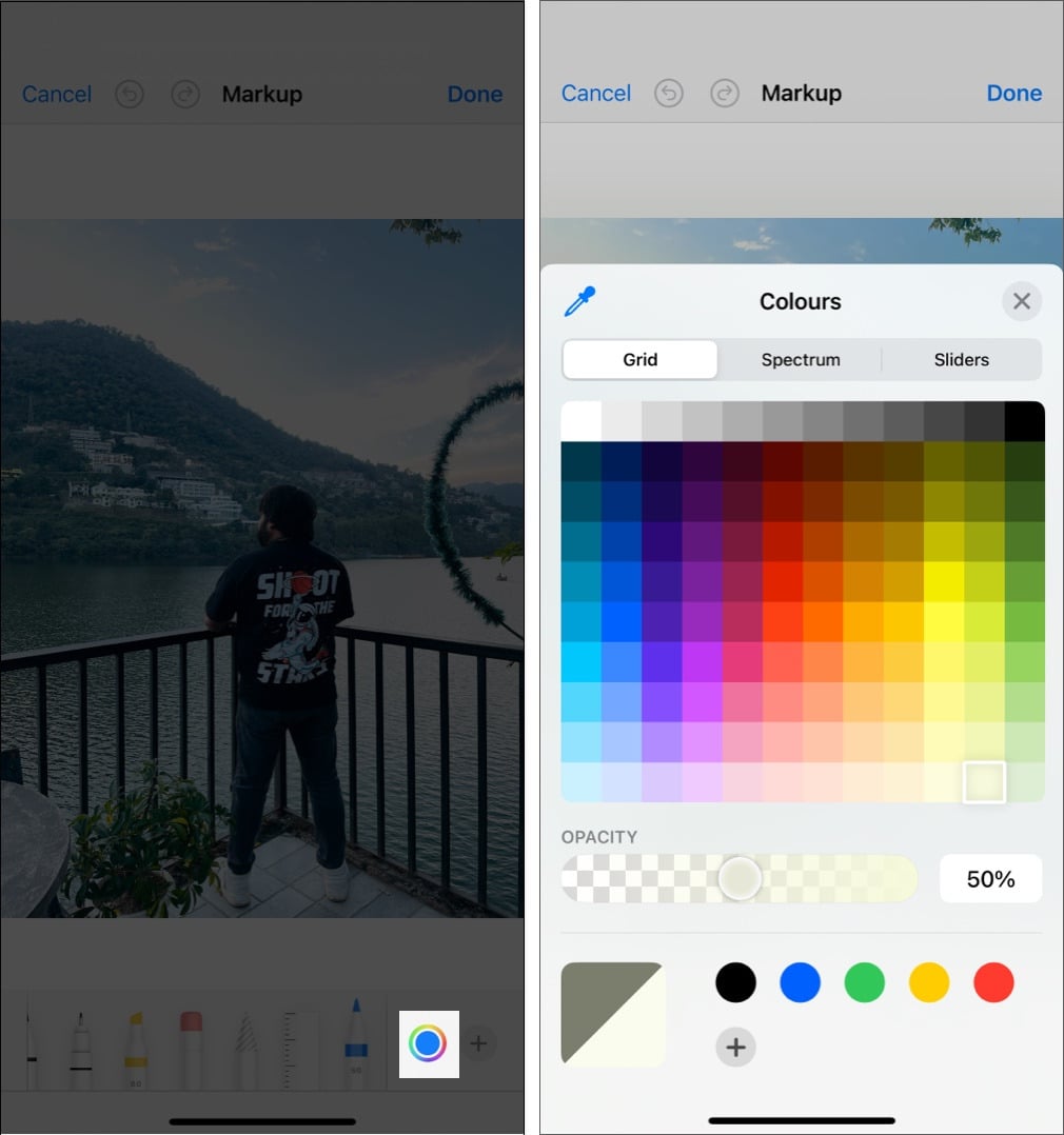 Picking color for the markup element in Photos app on an iPhone.