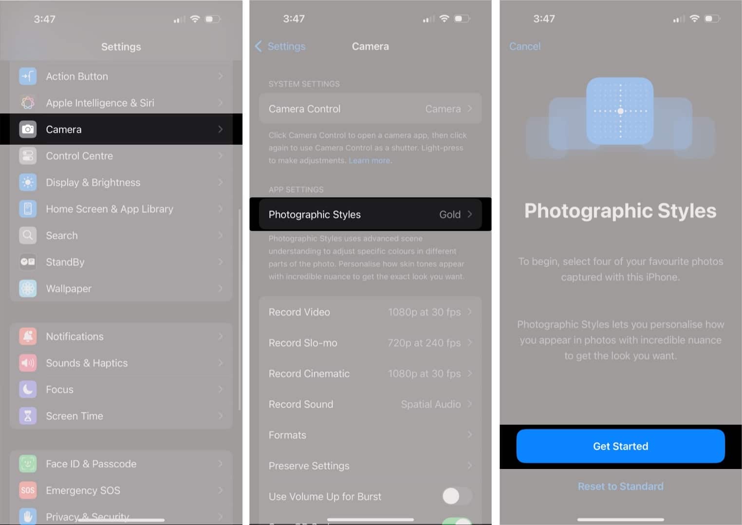 Choosing the default Photographic Style in iPhone Settings app.