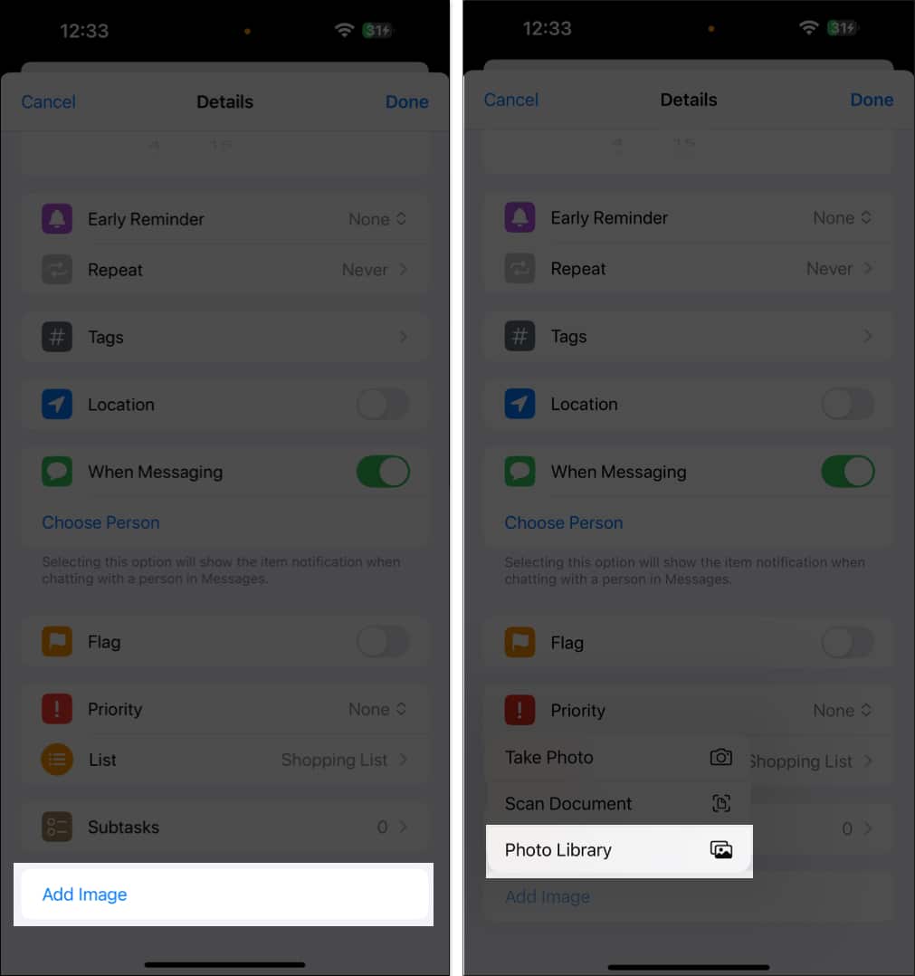 Adding an image to a reminder in the iPhone Reminders app.
