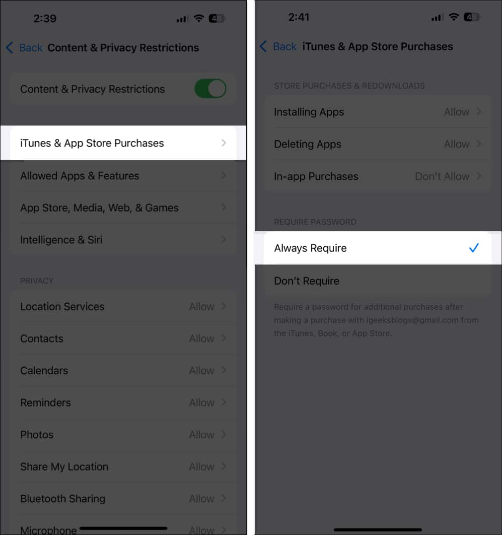 Tap on Always Require option under Require Password in iTunes App Store Purchases settings.