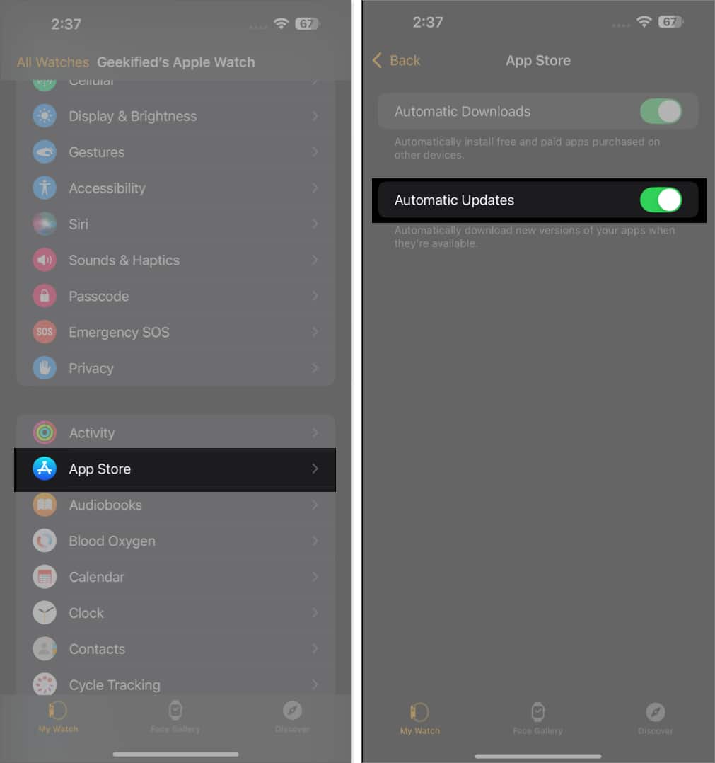 Enabling Automatic Updates for App Store apps in the Watch app on an iPhone.