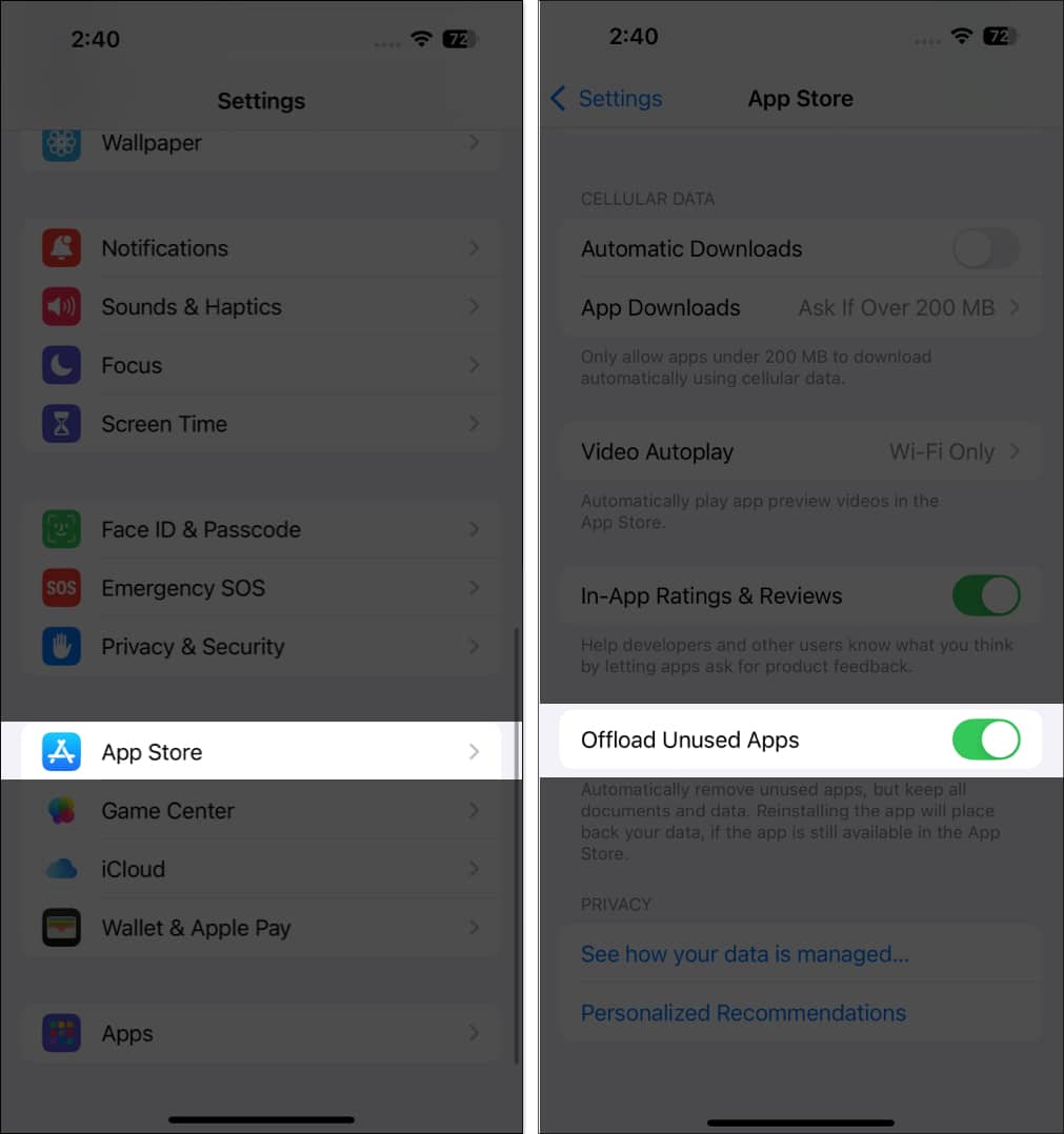 Enabling Offload Unused Apps option in iPhone Settings app.