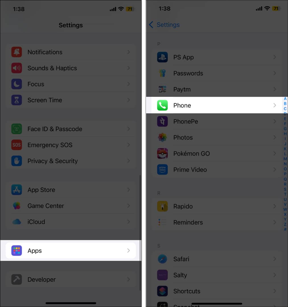 Accessing Phone app settings in iOS Settings app.