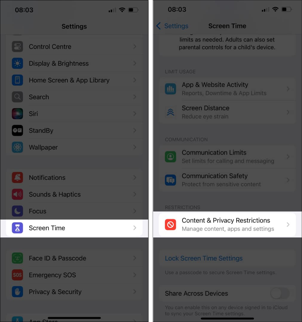 Tap on Content and Privacy Restrictions in Screen Time iPhone settings.