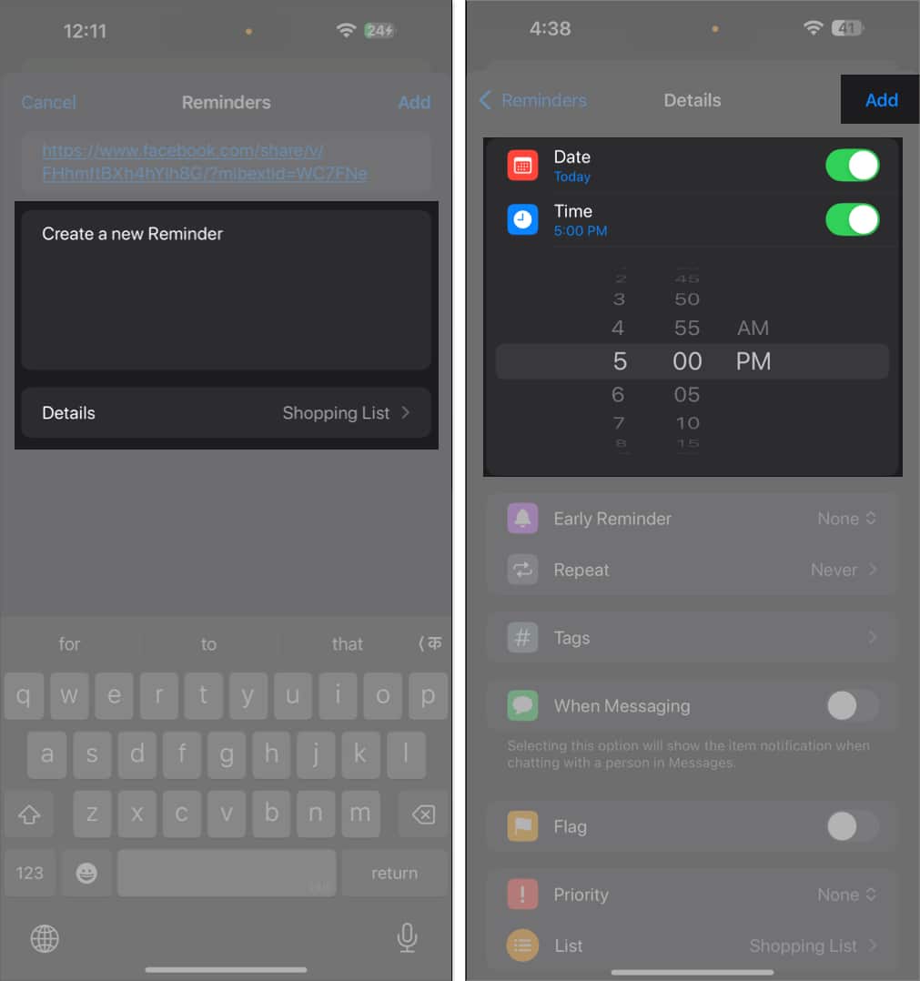 Adjusting the reminder settings on an iPhone.