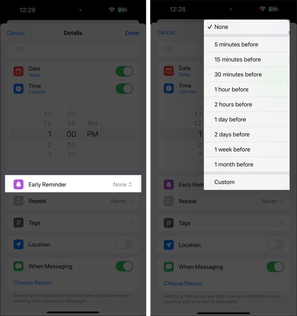 Setting an early reminder in the Reminders app on an iPhone.