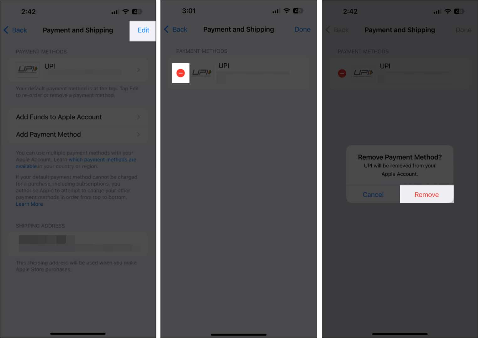 Tap on Edit in Payment and Shipping page and tap on red minus button to remove payment method.