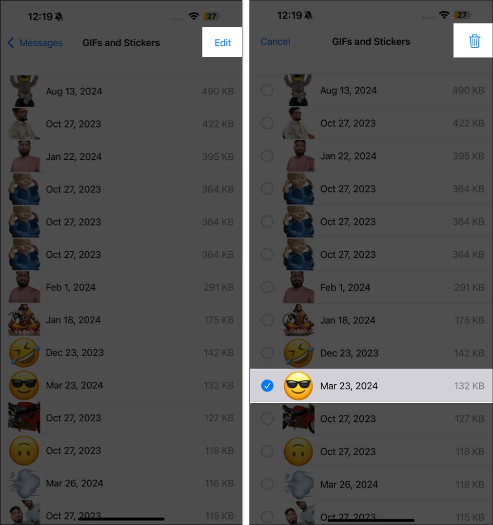 Deleting Messages app attachments on an iPhone.