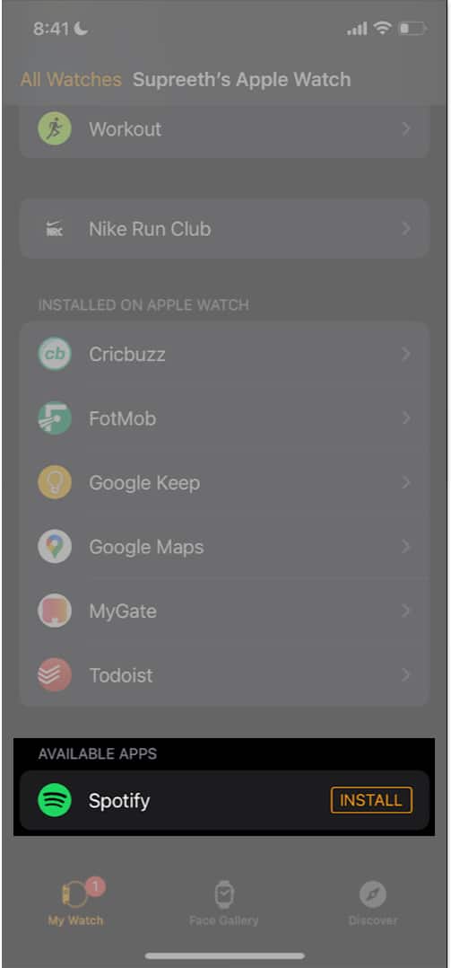 Installing an app on the Apple Watch using the Watch app on an iPhone.