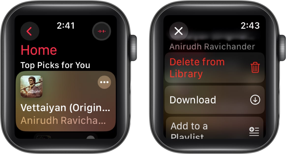 Downloading songs for offline access on the Apple Watch.