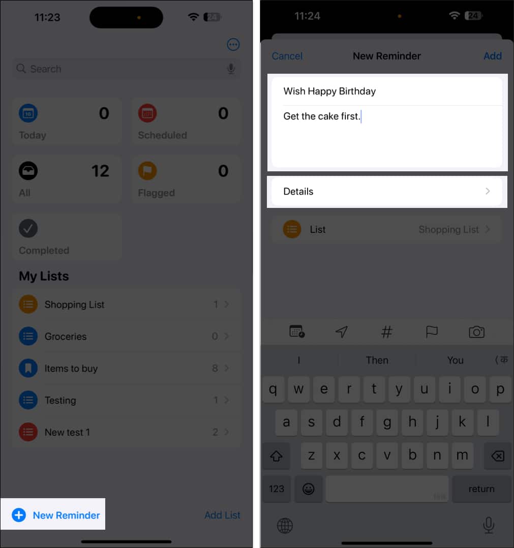 Creating a new reminder in the Reminders app on an iPhone.