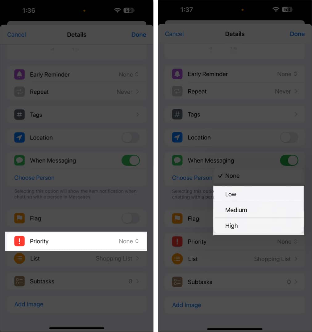 Setting priority for a task in the Reminders app.