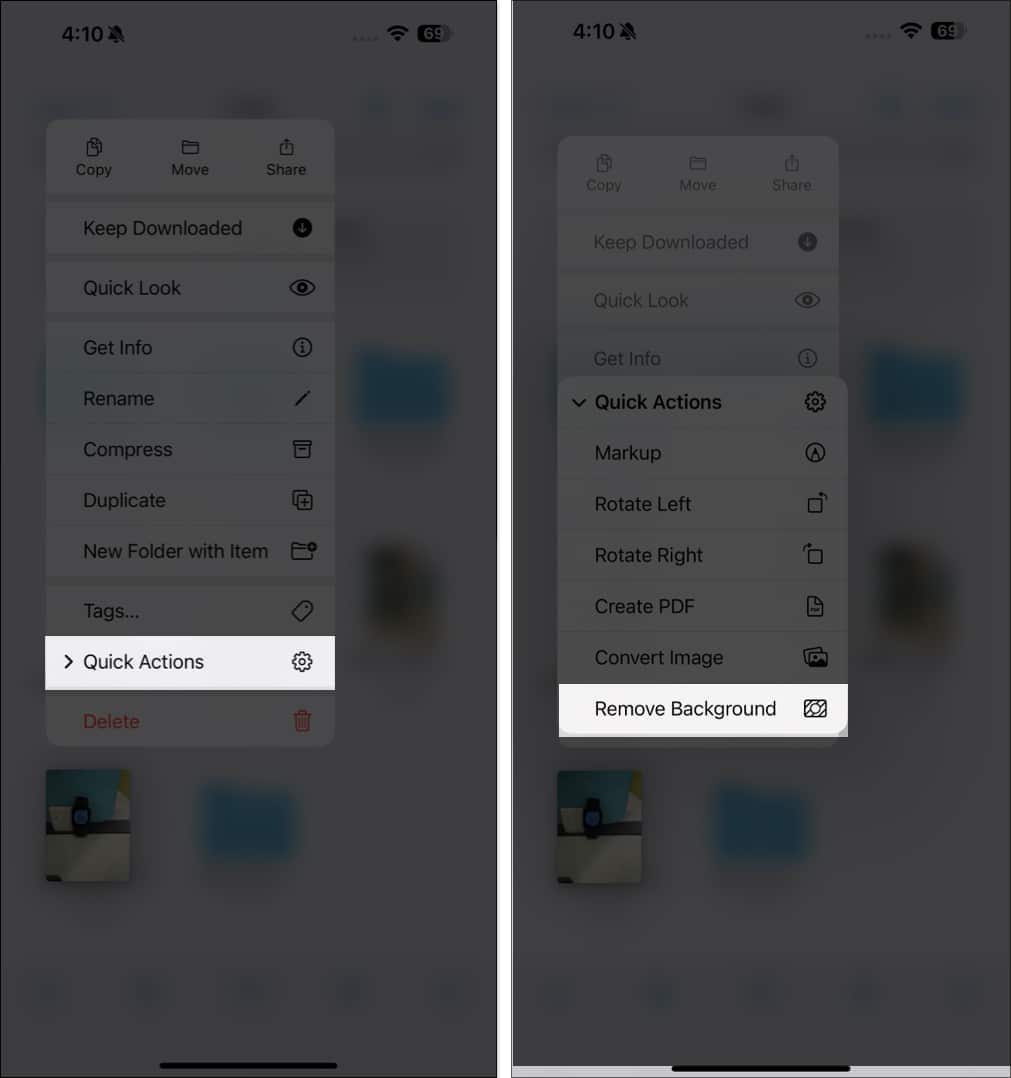 Using the Remove Background Quick Action to remove the backgrounds from selected images in the Files app on an iPhone.