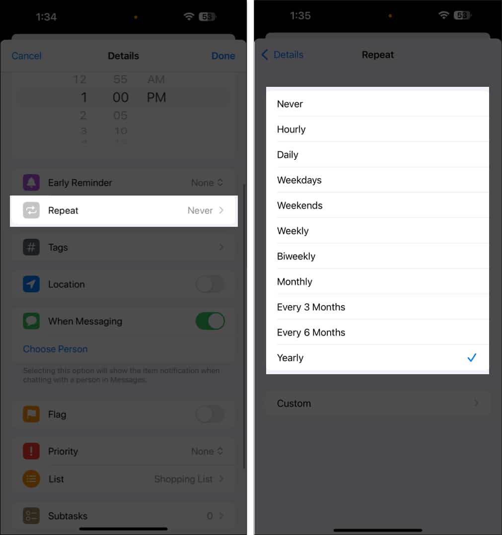 Setting up a recurring reminder in the iPhone Reminders app.