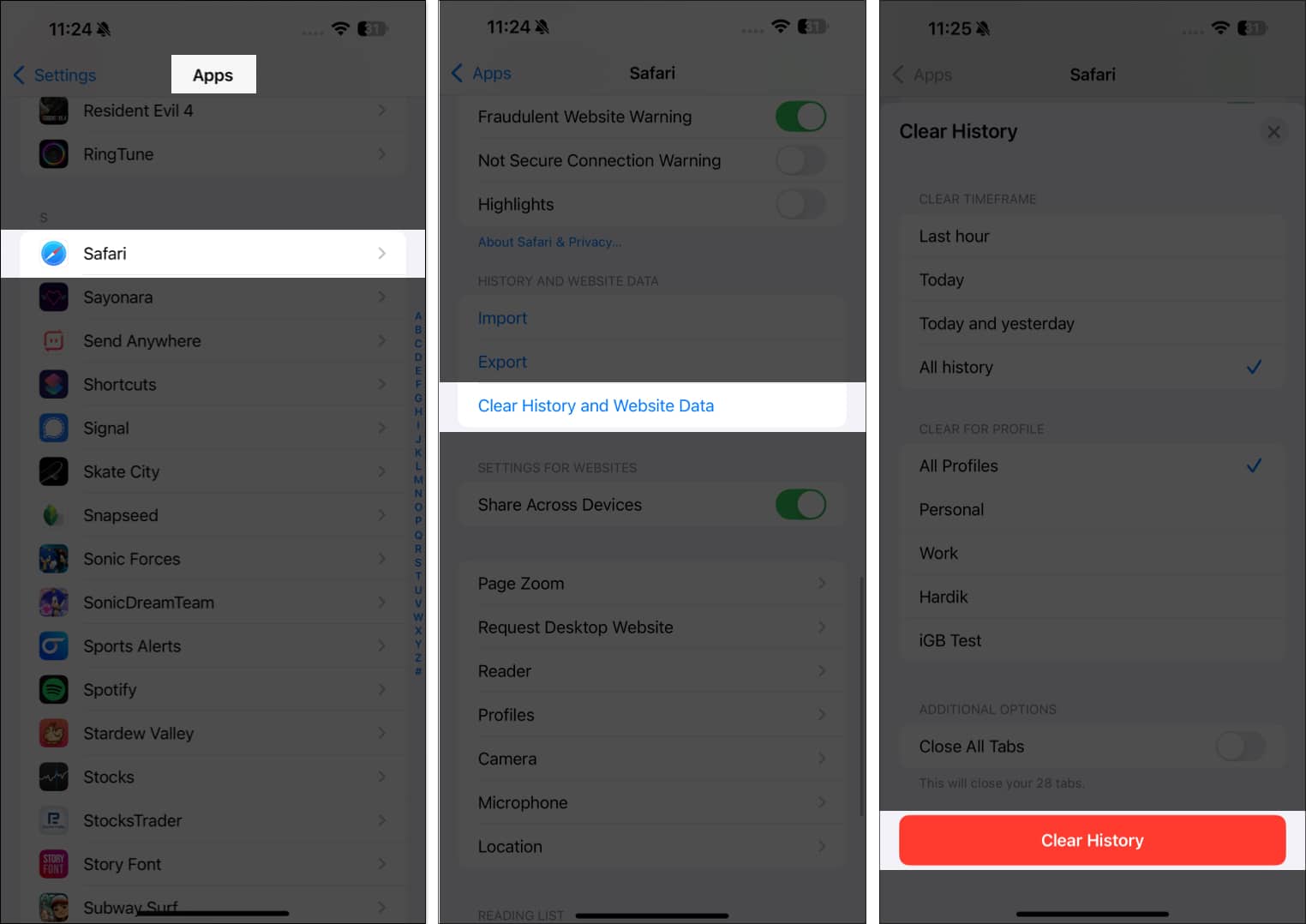 Clearing Safari history in iPhone Settings.