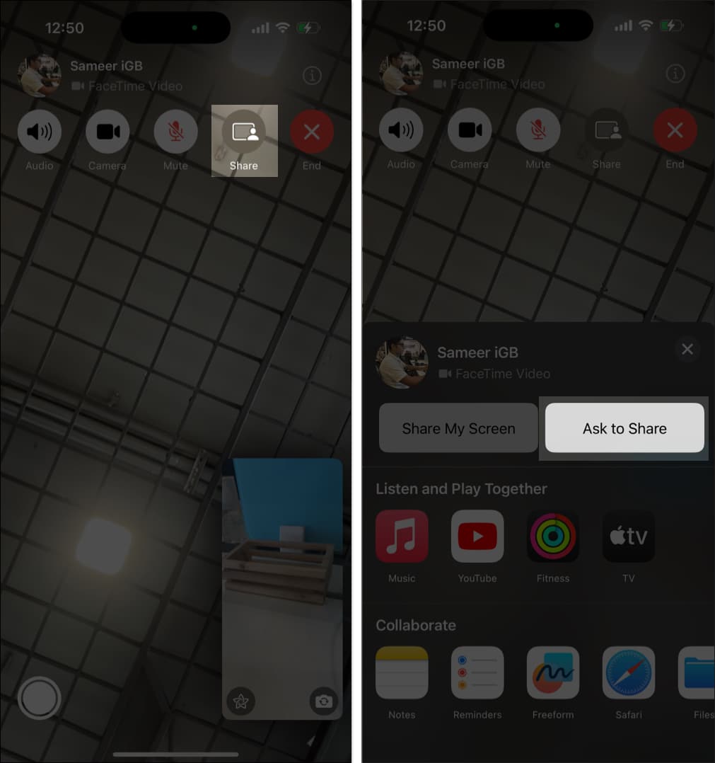 Ask to Share option in FaceTime on an iPhone to request remote control.