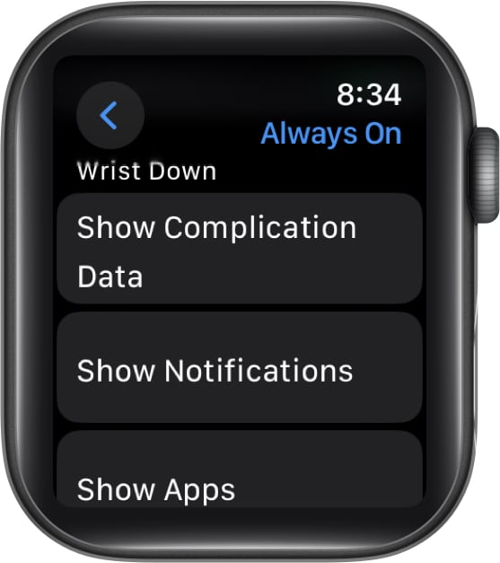 Always On settings on an Apple Watch.