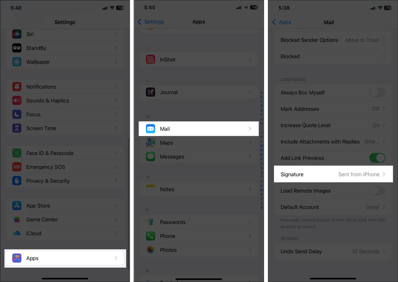 Accessing the default signature of the Mail app.