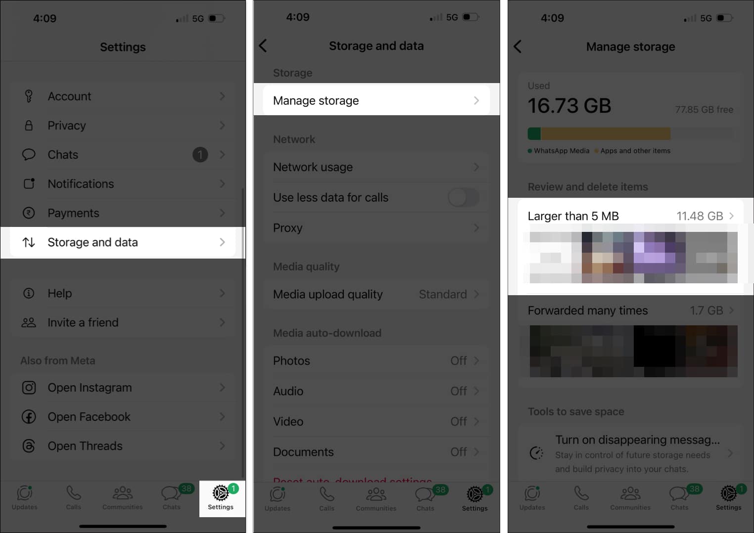 Deleting files larger than 5MB in the WhatsApp app on an iPhone.