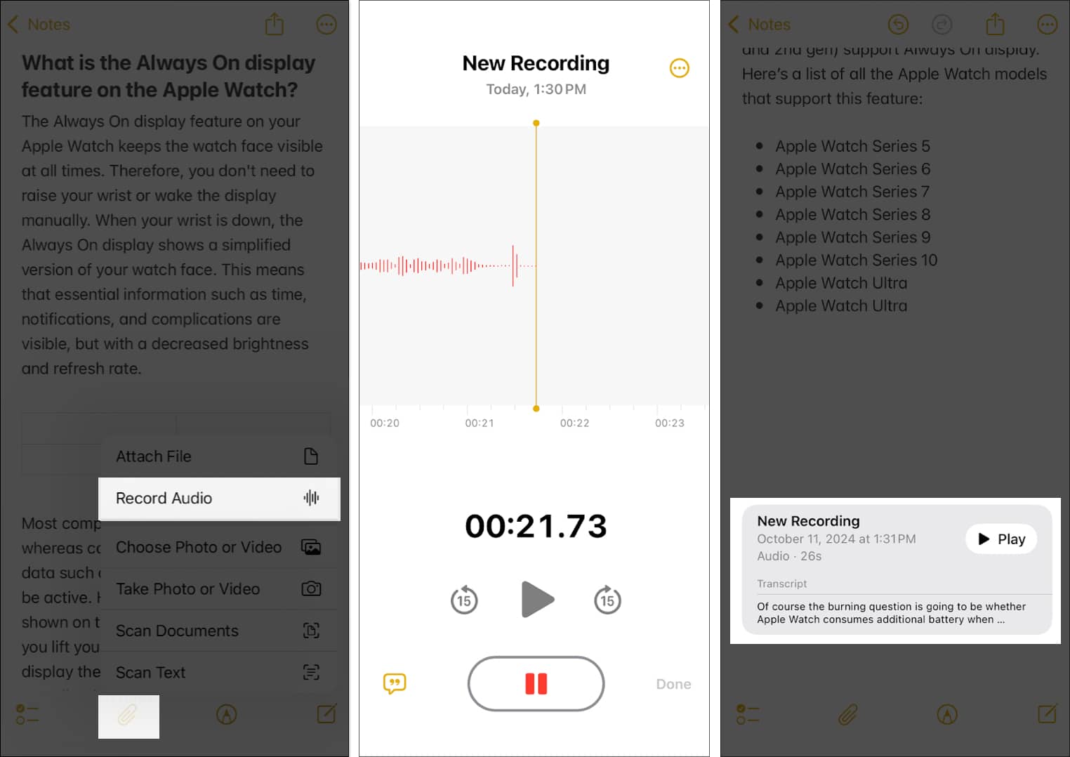 Adding a voice note to a note in Apple Notes and seeing its transcript.