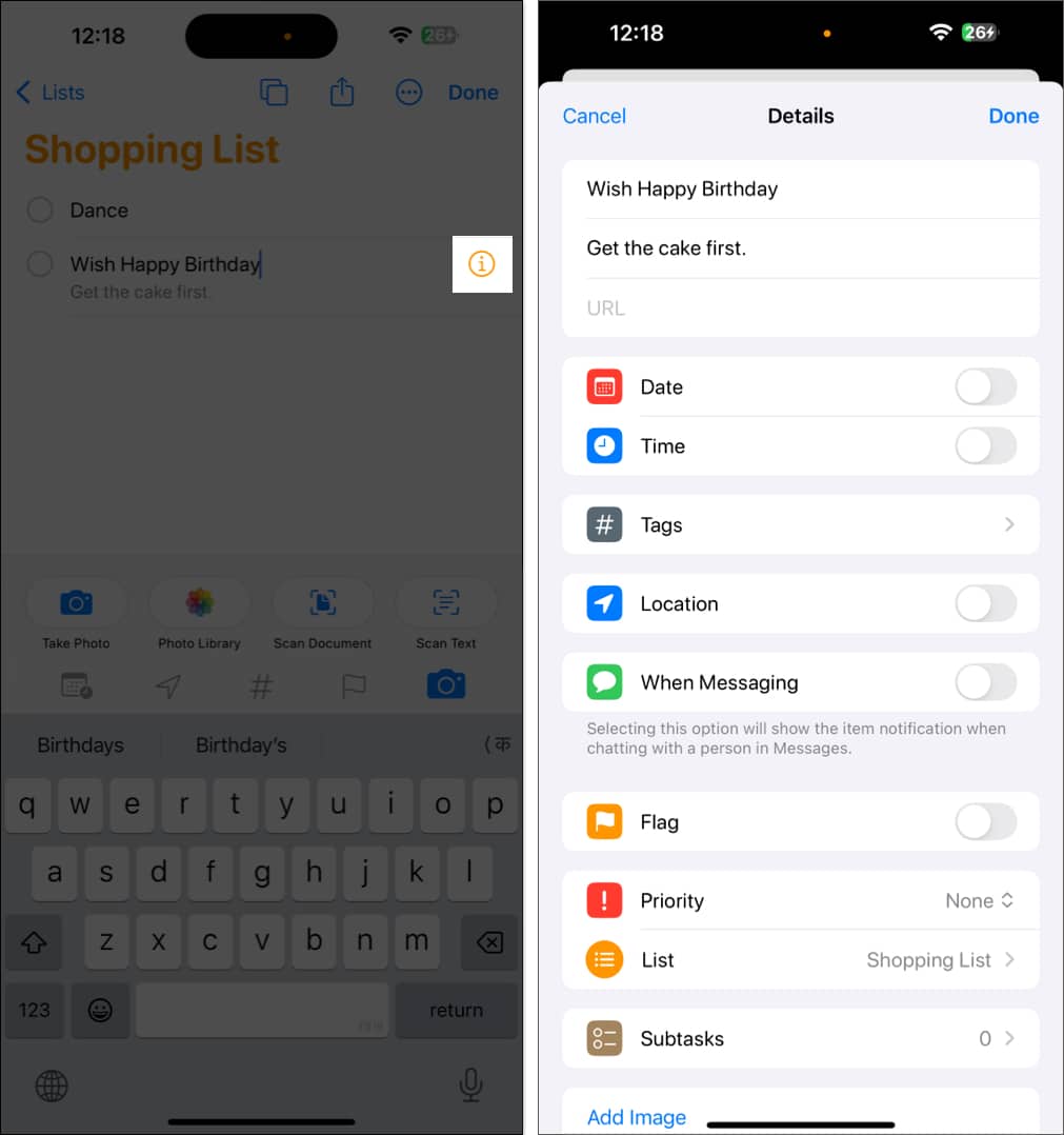 Editing a task in the Reminders app on an iPhone.