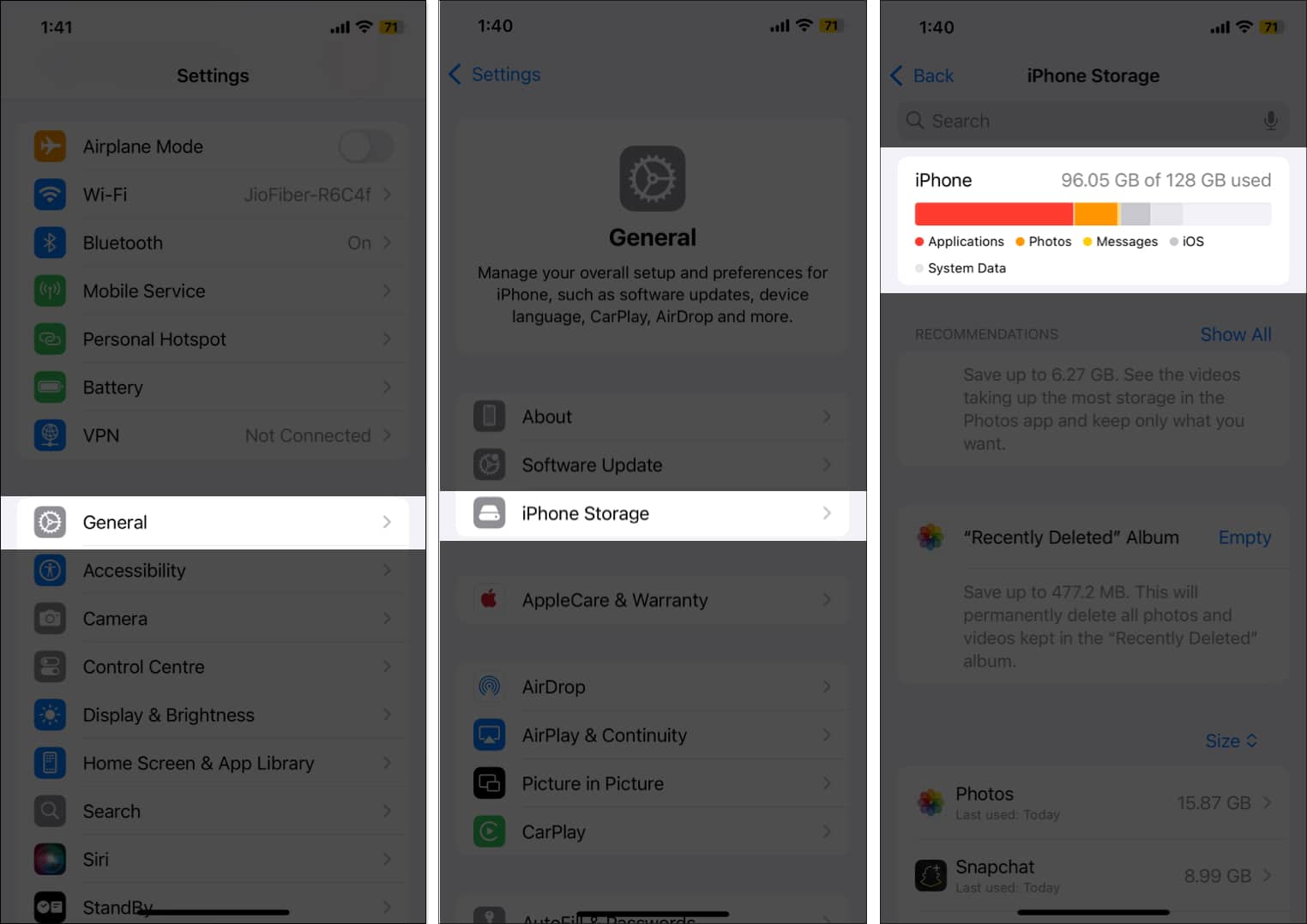 Checking iPhone storage space in the Settings app.