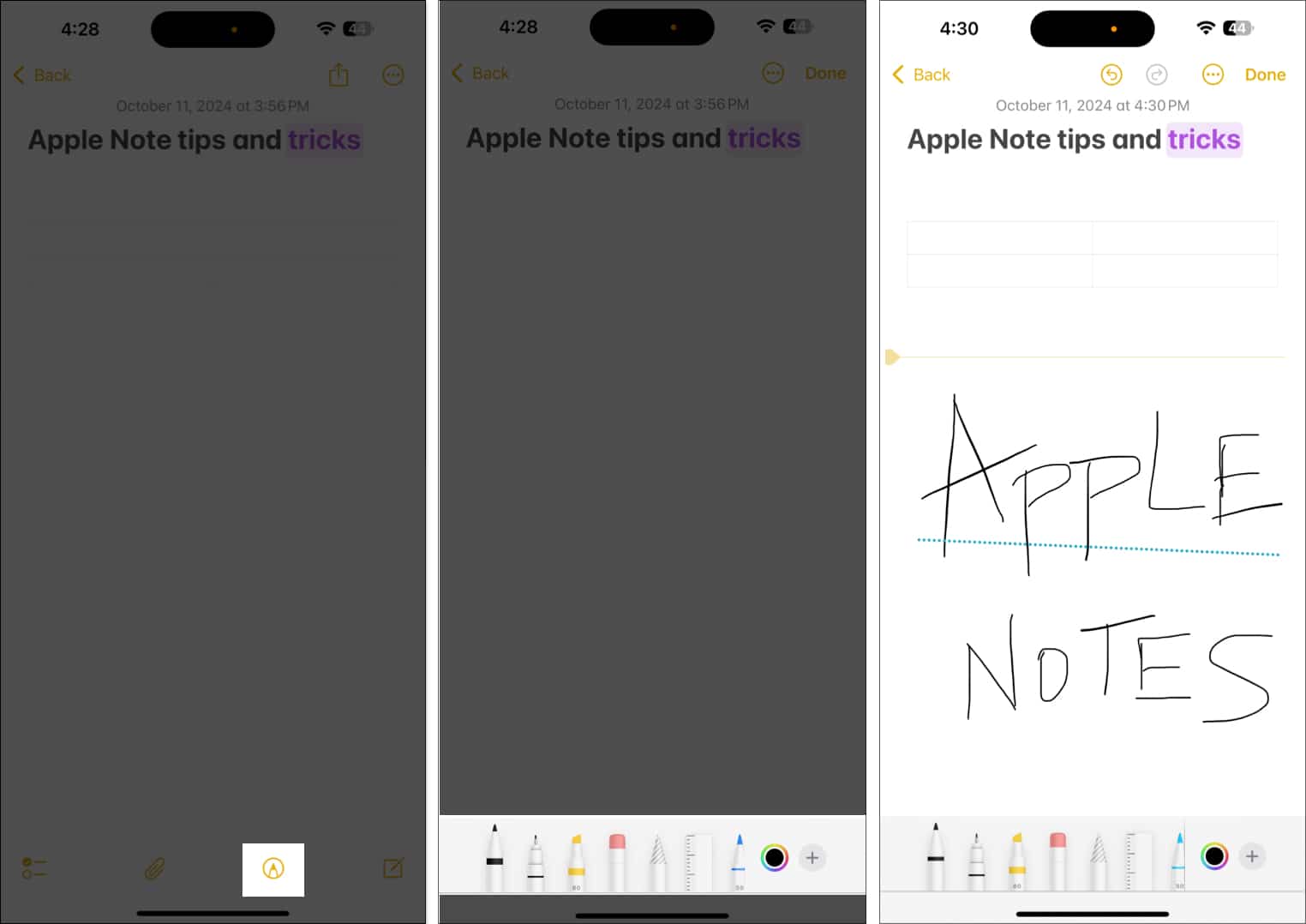 Doodling in a note in the Apple Notes app on an iPhone.