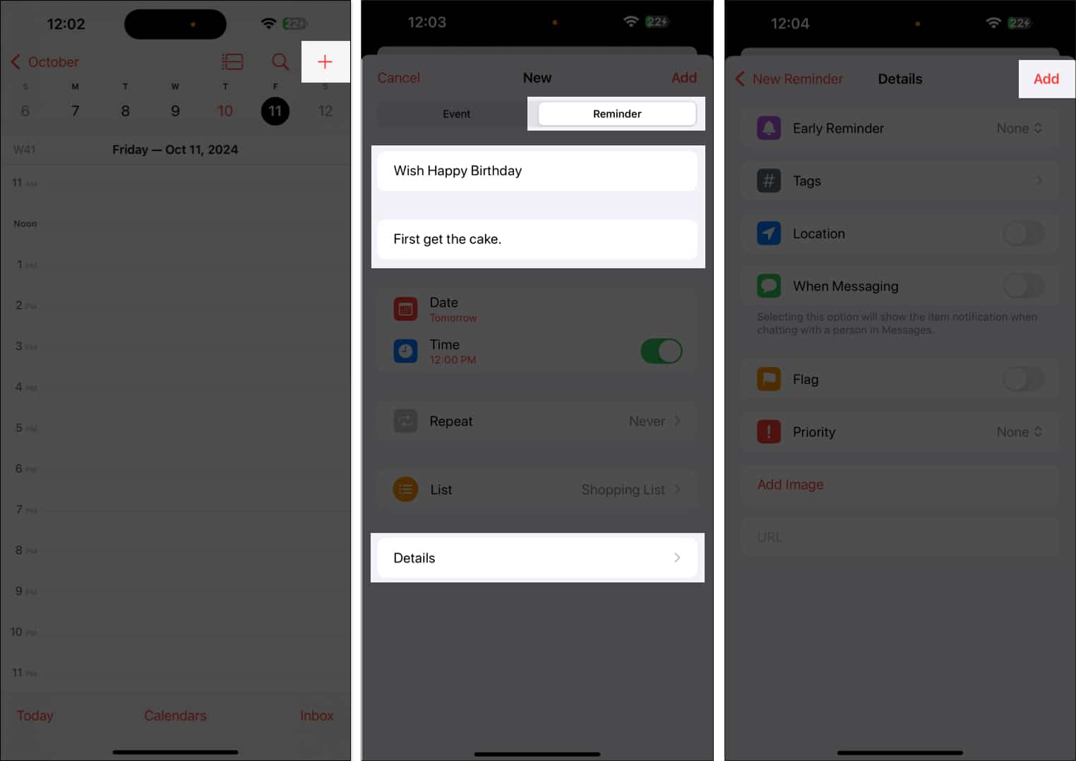 Creating a reminder in the Calendar app on an iPhone.