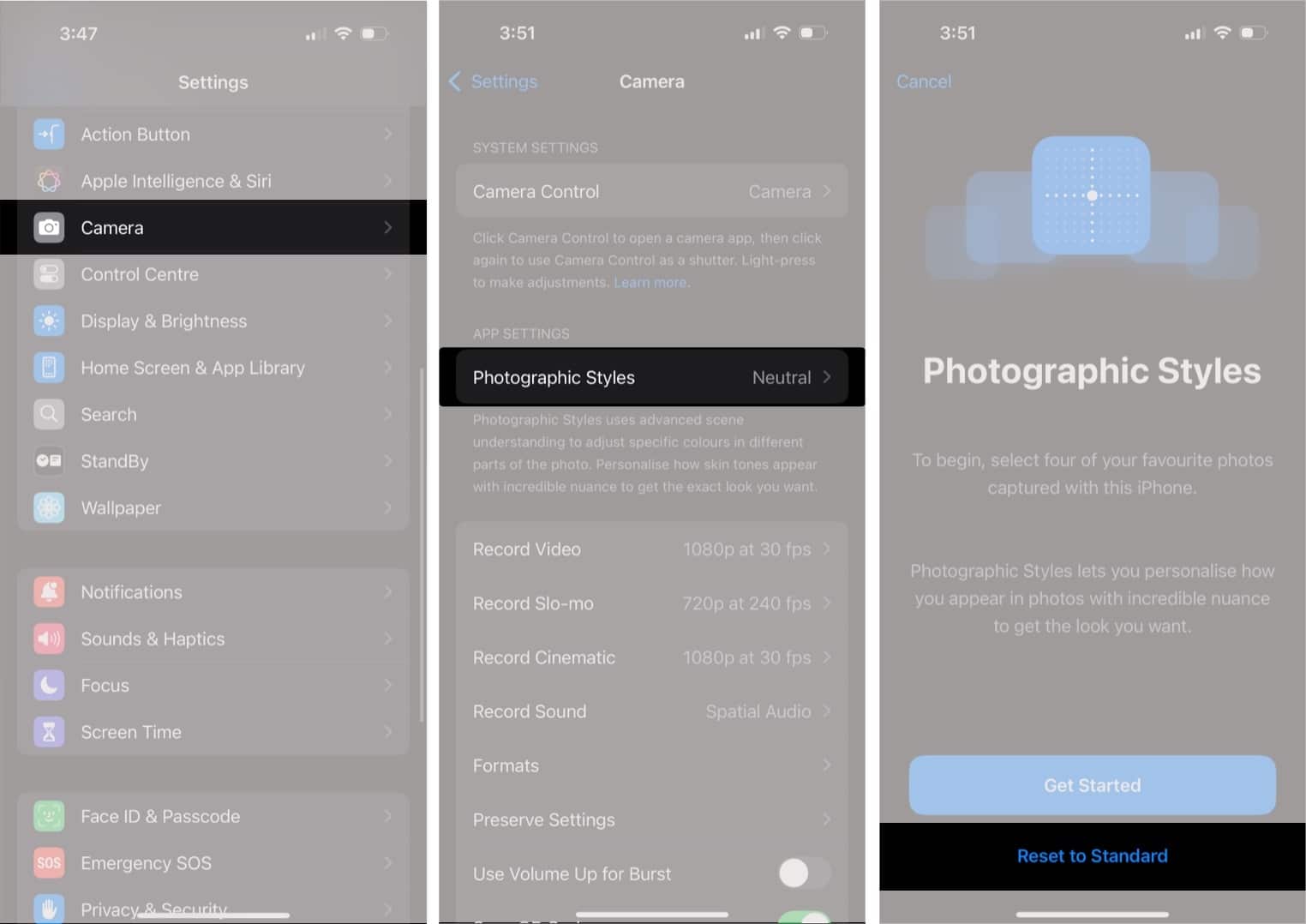 Resetting Photographic Styles to Standard in iPhone Settings app.